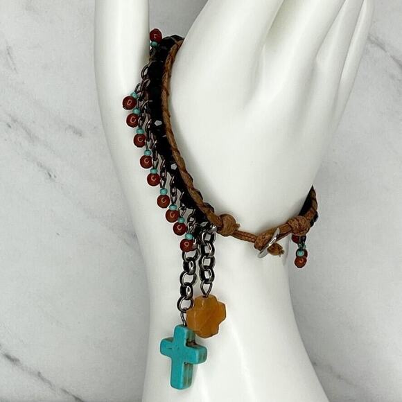 Faux Turquoise Beaded Cross Charm Faith Toggle Bracelet - Picture 1 of 6